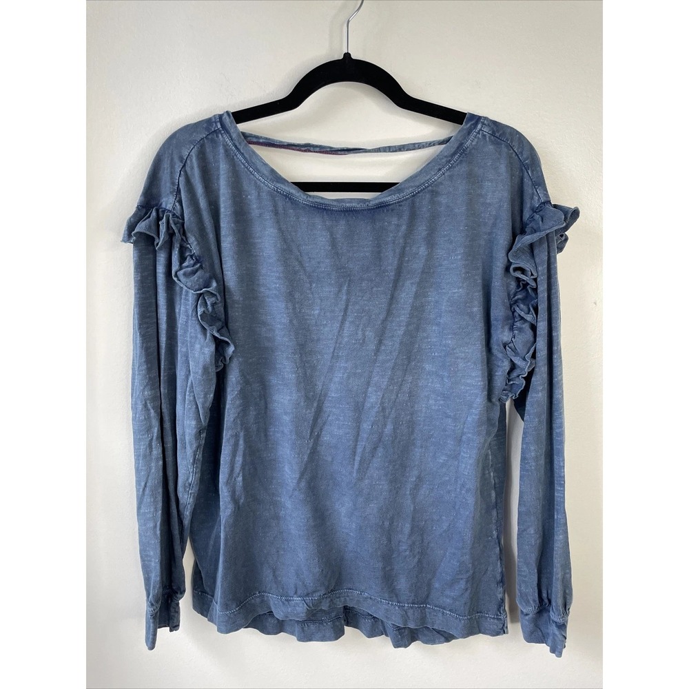 Pilcro Top Womens Small Blue Ruffle Long Sleeve Scoop Neck Cotton Cottagecore